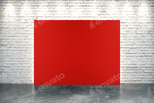 Preview: Blank Red Banner In Empty Loft Room With Concrete Floor And Brick Wall, Mock Up 3D Render