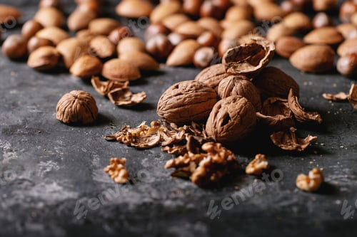 Preview: Varieties Of Nuts: Almonds, Hazelnuts And Walnuts Over Dark Texture Background