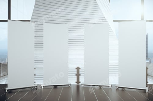 Preview: Blank Posters On Wooden Floor In Futuristic Interior Hall With Big Windows, Mock Up, 3D Render