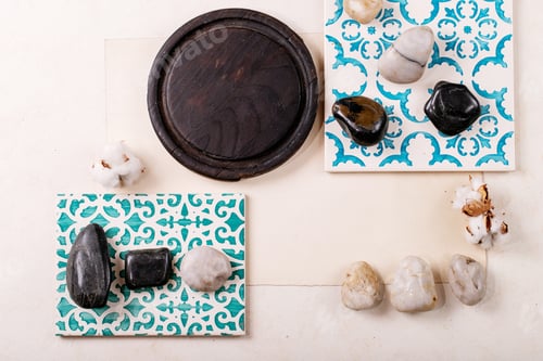 Preview: Creative Layout Geometry Squares By Nature Materials Paper, Wood And Stone. Flat Lay. Space For Any