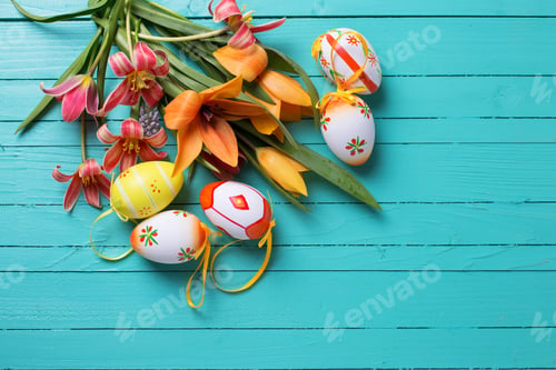 Preview: Easter Background. Fresh Spring Red Tulips Flowers And Decorative Eggs On Turquoise Painted Wooden
