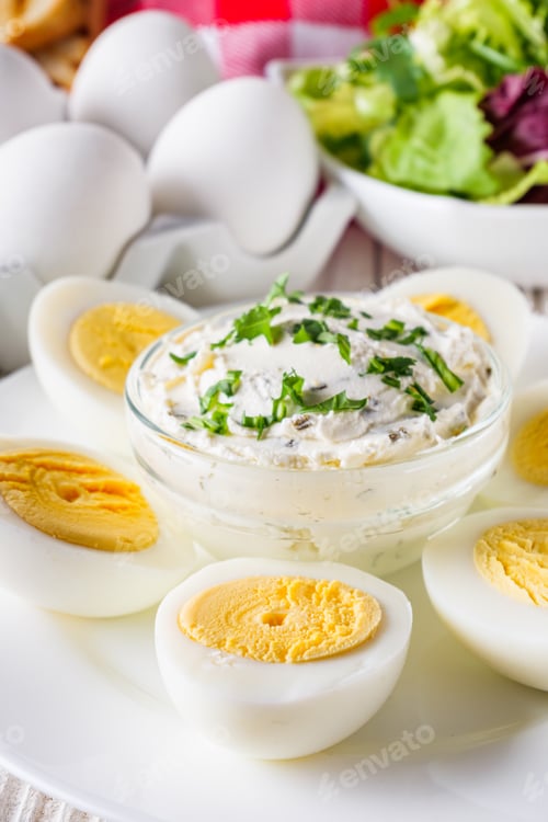 Preview: Boiled Chicken Eggs On A White Wooden Rustic Background