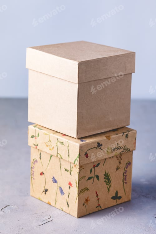 Preview: Two Craft Gift Boxes On Gray Background Holiday Concept Vertical