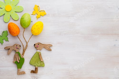 Preview: Spring And Easter Decor. Wooden Symbols Bunny, Flowers And Butterflies.