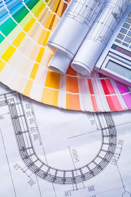 Preview: Rolled Up Blueprints On Color Palette And Calculator
