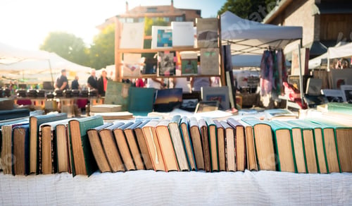 Preview: Closae-Up Of Old Books Aligned In A Row On Outdoor Marketplace Old Fashioned Selective Focus