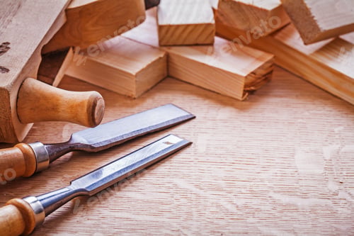 Preview: Very Close Up View On Chisels Old Woodworkers Plane And Stack Of Wooden Planks On Board