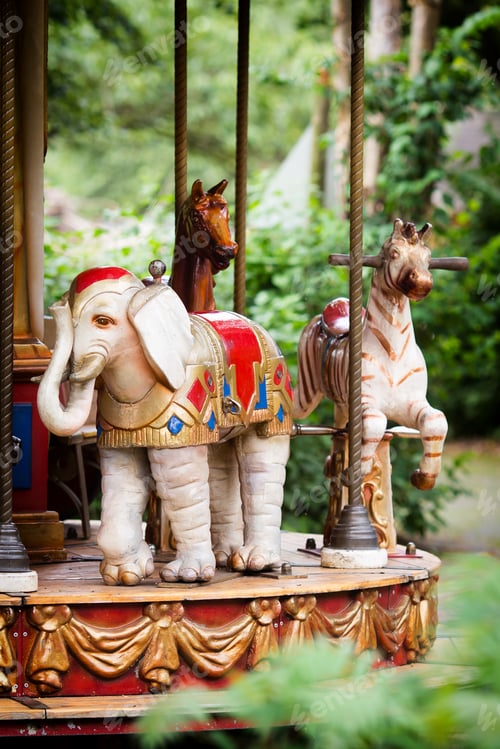 Preview: Carousel In A Holiday Park. Old Vintage Animals.