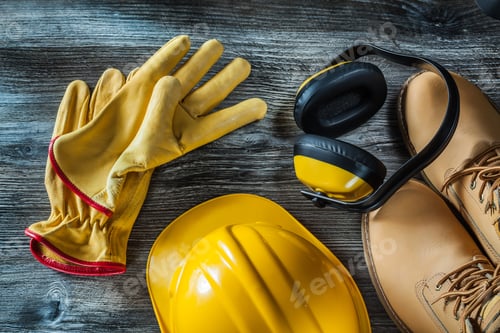 Preview: Leather Protective Gloves Boots Hard Hat Earmuffs On Wooden Board.