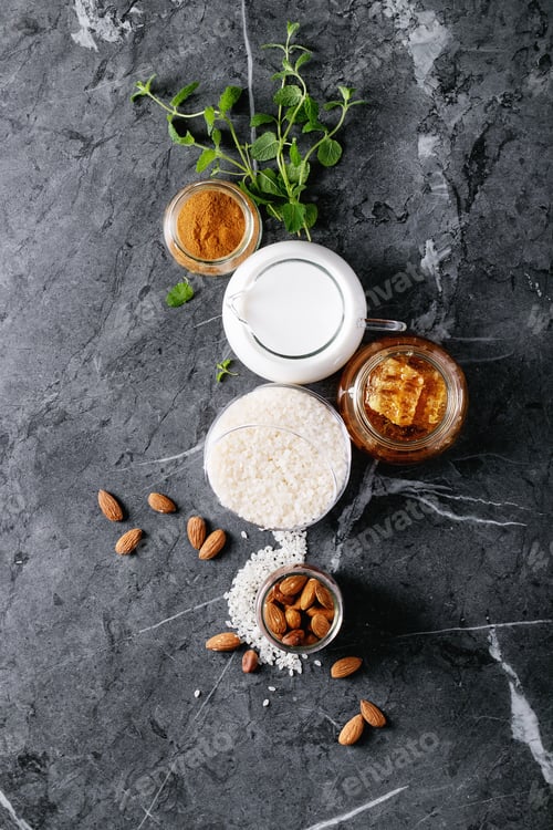 Preview: Raw Ingredients For Cooking Rice Pudding: Rice, Honey, Mint, Milk, Cinnamon Powder, Chocolate And