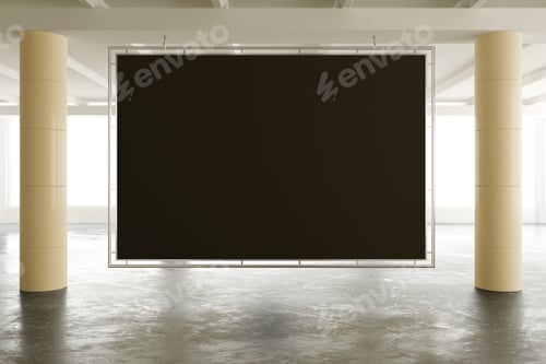 Preview: Blank Black Banner In Modern Empty Loft Open Space Office With Big Windows And Pillars, Mock Up 3D