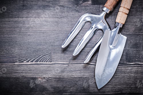Preview: Stainless Shovel Trowel Fork On Wooden Board Gardening Concept.