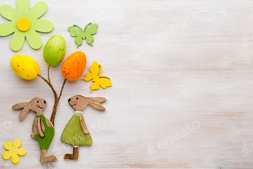 Preview: Spring And Easter Decor. Wooden Symbols Bunny, Flowers And Butterflies.