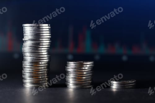 Preview: Coins On A Blurred Background Of A Falling Falling Chart, Crisis Trend