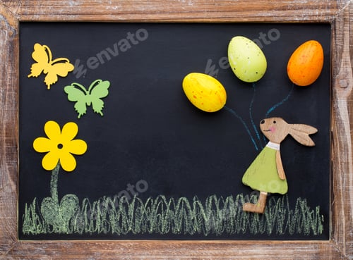 Preview: Spring And Easter Decor. Wooden Symbols Bunny, Flowers And Butterflies.