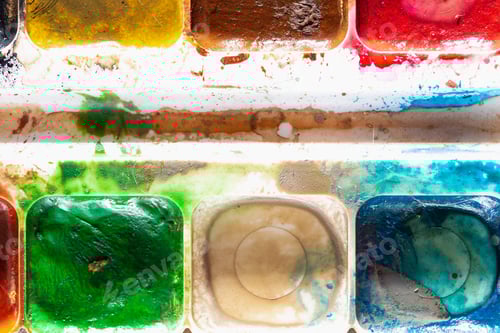 Preview: Used Watercolor Paint Close-Up. Creativity Symbol. The Concept Of A Completed Project.