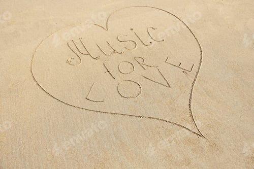 Preview: The Inscription Music For Love Is Drawn On The Sand And Is Surrounded By The Heart. Heart On The