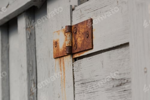 Preview: An Old, Rusty Hinge On A White Wooden Door.