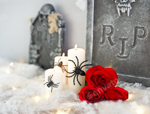 Preview: Candles In Red Grey Halloween Decoration And Roses