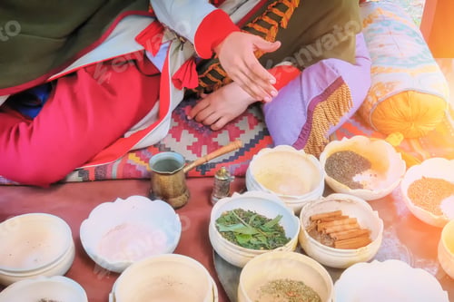 Preview: Spices In Bowls By The Shopkeeper In The Old Bazaar. Seasoning And Herbs For Sale From The Seller
