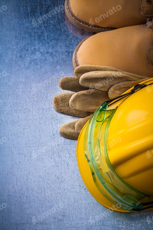 Preview: Construction Leather Gloves Waterproof Boots Hard Hat And Plastic Protective Glasses On Scratched