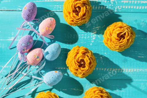 Preview: Decorative Easter Candles Made Of Beeswax With A Honey Aroma For Interior And Tradition On The Blue