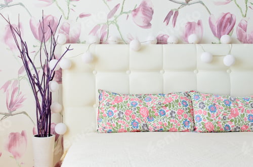 Preview: White Cotton Light Balls String In Beautiful Pink Bedroom Interior With Stylish Bed And Decorative