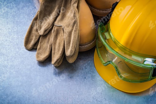 Preview: Safety Leather Boots Protective Gloves Hard Hat And Transparent Plastic Glasses On Scratched