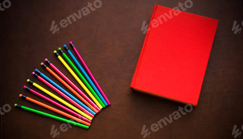 Preview: Wooden Writer Desktop With Colorful Pencil And Red Empty Cover Book