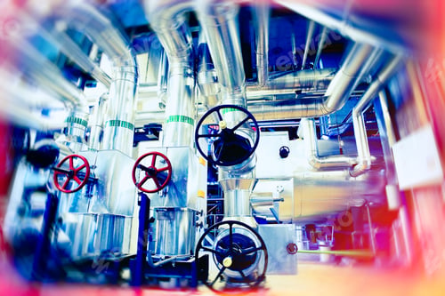 Preview: Industrial Factory. Various Mechanisms And Metal Pipes. Toned Image. Motion Blur Effect.