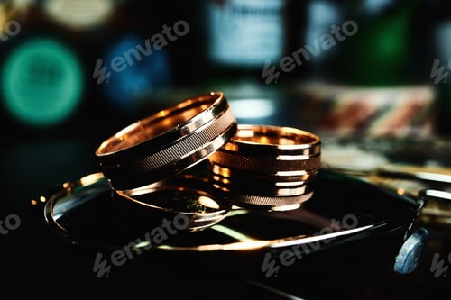 Preview: Wedding Gold Rings On Brown Background. Preparing For The Wedding. Close-Up, Macro