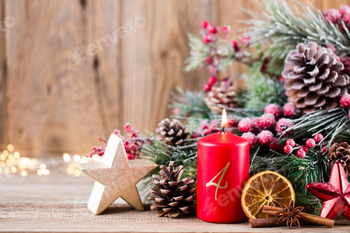 Preview: Christmas Greeting Card. Festive Decoration On Wooden Background. New Year Concept. Copy Space