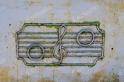 Preview: Old Metal Texture With The Image Of A Treble Clef And Notes, Background Music Schools Of The 20S
