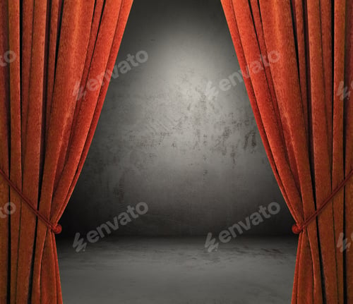 Preview: Old Interior With Red Curtains, Concrete Wall
