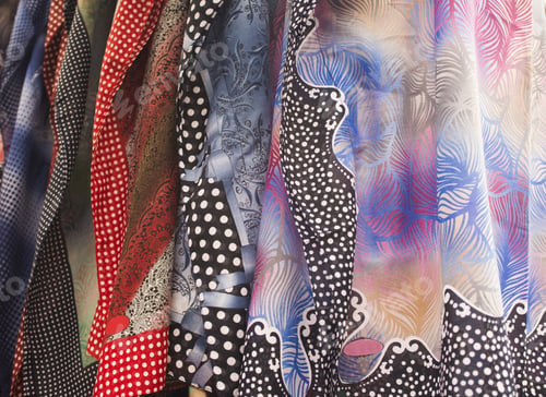 Preview: Rows Of Colorful Silk Scarves Hang On A Market Stall (Selective Focus)