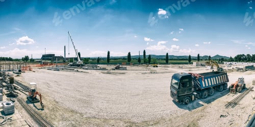 Preview: Landscape Transformation Into Urban Area With Machinery, People Working. View On Construction Site.