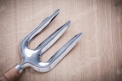 Preview: Stainless Gardening Trowel Fork With Wooden Handle On Wood Board Agriculture Concept.