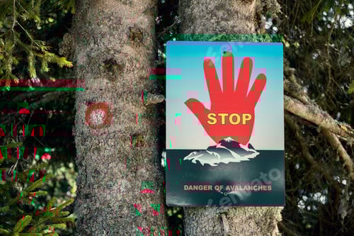 Preview: Danger Of Avalanches Sign On Fir Tree, Mountain Kopaonik, Serbia. Color Effect.
