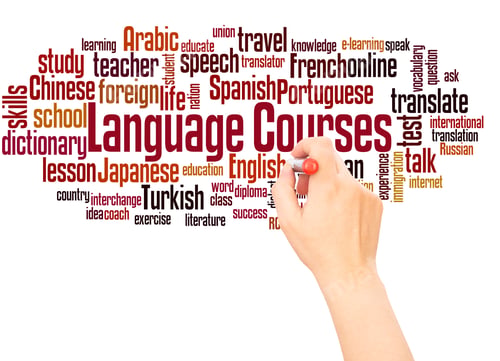 Preview: Language Courses Word Cloud Hand Writing Concept On White Background.
