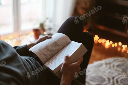 Vorschau: Mann in der Hand hält ein aufgeschlagenes Buch, sitzt auf einer Couch, gemütliches Abendlicht im Hintergrund
