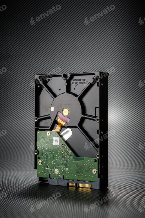 Preview: Inside Of Hard Disk Drive On The Carbon Background.