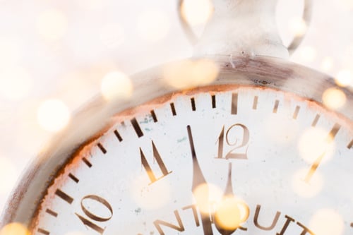 Preview: Abstract Background With Fireworks And Clock Close To Midnight. Christmas And Happy New Years Eve