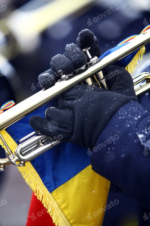 Preview: Color Image Of A Trumpet Being Played On A Snowy Day.