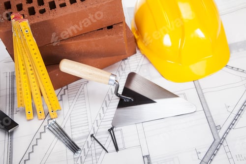 Preview: Building And Construction Equipment On Blueprints