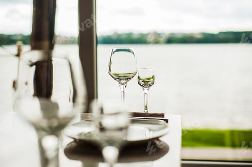 Preview: Row Of Wine Glasses.Wine Tasting.Glasses On The Table In The Restaurant, A Fork, A Spoon, A Knife