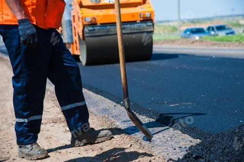 Preview: Workers On A Road Construction, Industry And Teamwork, New Asphalt