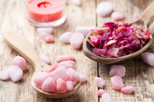Preview: Homeopathic Sea Salt, Lavender Dry Flowers And Wooden Surface.