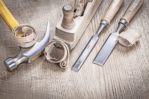 Preview: Vintage Wooden Planer And Chissels With Shavings.