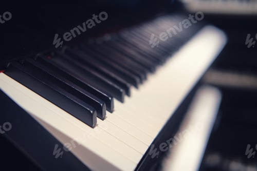 Preview: Black And White Electronic Synthesizer Keys, New Modern Piano Close-Up