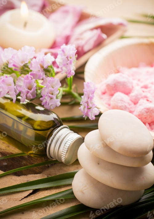 Visualização: Acessórios de spa, esfoliação corporal com sal de banho.